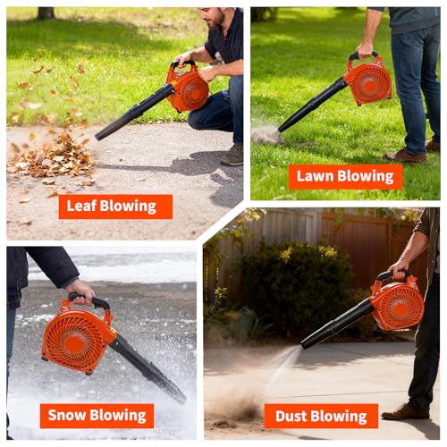 28 CC Gas Leaf Blower, 490 CFM 280 MPH, 1.1-HP 2-Stroke, Handheld Gas Powered Leaf Blower, Lightweight, Powerful Clearing Performance for Lawn Care, Driveway Cleaning and Light Snow Removal