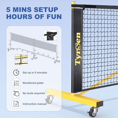 TYRSEN Pickleball Net Set - 22FT Net on Wheels, 4 Paddles, 6 Balls, 12 Court Markers, 1 Bag, Indoor/Outdoor Play