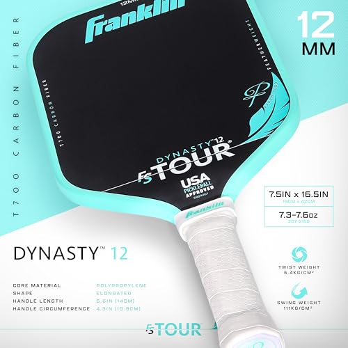 Franklin Sports Pro Pickleball Paddles - FS Tour Featherweight Series Lightweight Paddles - USA Pickleball Approved - Raw Carbon Fiber Surface - Dynasty - 12mm Polymer Core - Blue