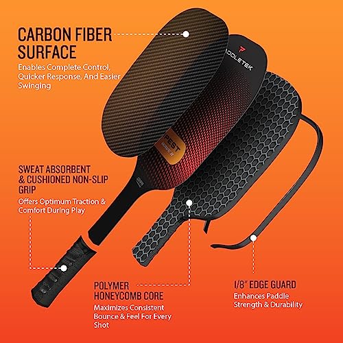 Paddletek Tempest Wave II Pickleball Paddle | Professional Pickleball Paddles with Honeycomb Core, Carbon Fiber Surface, Graphite PolyCore & High Tack Performance Grip | USAPA Approved