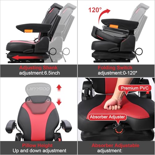 Universal Lawn Mover Seat, Zero Turn Mower Suspension Seat,Highback Low Suspension Forklift Seat with Adjustable Headrest,Adjustable Armrests Shock Absorber Heavy Duty Seat