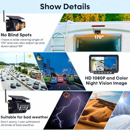 Magnetic Solar Wireless Backup Camera: 7" Portable 1 Min Easy Install Scratch-Proof No Delay Backup Camera for Truck Rechargeable HD 1080P for Pickup Trailer Small RV Camper Pemacom P15