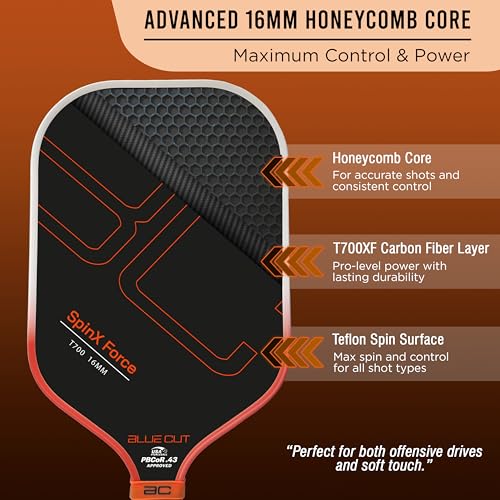 Blue Cut Pickleball Paddle – USAPA Approved Pickleball Paddles Racket with T700 Carbon Fiber, 16mm Honeycomb Core, Spin Surface, Pro Power Speed & Control – Includes Carry Bag