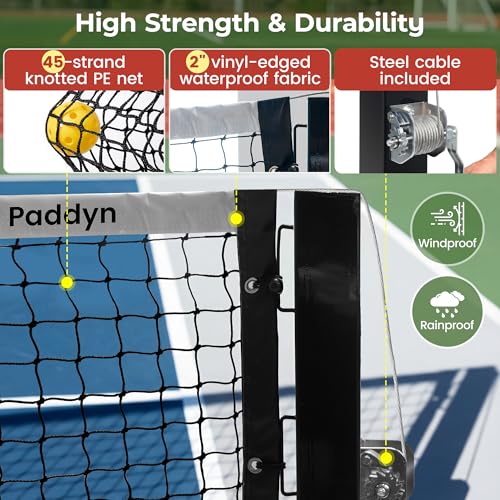PADDYN Permanent Pickleball net System with Hand-Crank Tension,Heavy Duty Steel Frame Pickleball net for Driveway,PRO Pickleball Net,Tournament-Spec 22ft x 36in Backyard,Club,School