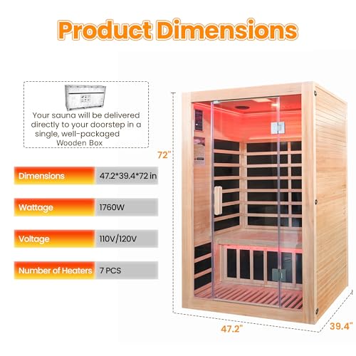 2 Person Infrared Sauna, Hemlock Wood Low EMF Infrared Saunas for Home, 1760w/120v Indoor Personal Sauna Room with Bluetooth, 7 Color Therapy Light, 7 Heating Panels