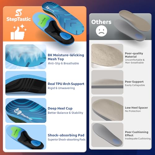 StepTastic 240+ LBS Heavy Duty Support Insoles for Men Women, Orthotic Insert for Plantar Fasciitis, Flat Feet, High Arch Support, Shock Absorbing, Cuttable, 1 Pair(Blue,M11.0-12.5/W12.0-13.5)