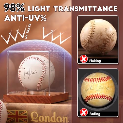 JupDec Baseball Display Case - Clear Cube Baseball Holder with Wooden Base, Autograph Stand Box for Single Ball, Acacia Wood, Brown, 1 Pack