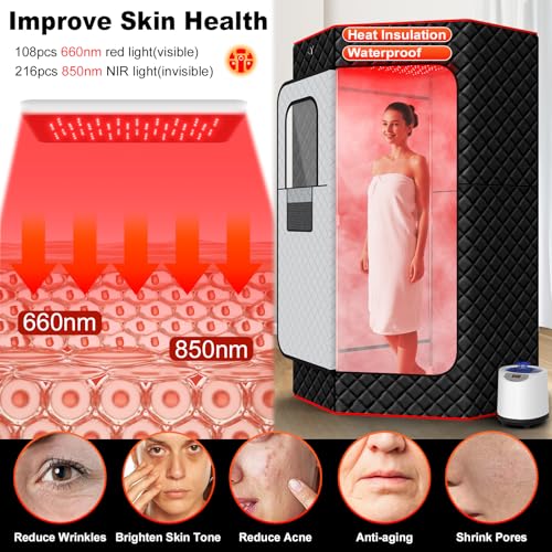 XL Infrared Sauna Box with True 660 & 850nm Red Light Therapy Lamp, Portable Red Light Sauna for Home, Full Body Steam Tent with 3L 1200w Steamer, 15 Levels Heat, Chair, Remote