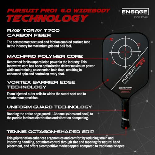 Engage Pursuit Pro1 6.0 Widebody Carbon Pickleball Paddle - 8.0 oz, 15.2mm MachPro Core, 8 1/8” Wide Raw Carbon Fiber, Made in USA (Fierce-Red, Widebody)