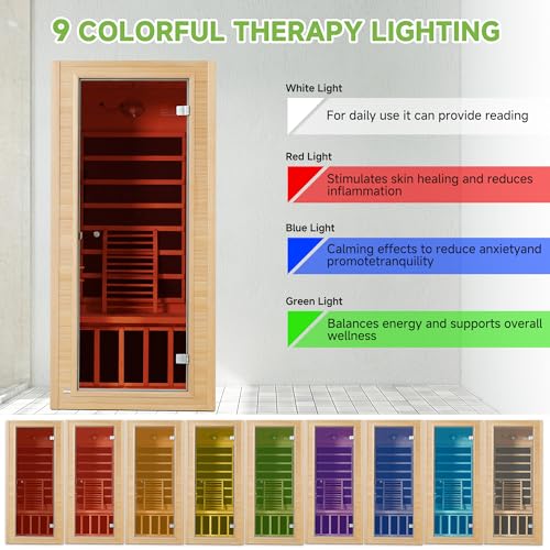 Real Relax Far Infrared Sauna for Home, 1 Person Indoor Home Sauna Low Emf, Canadian Hemlock Wooden Dry Saunas Room with Bluetooth Speakers, 9-Color Light Therapy, 1574w/110v for Personal Spa