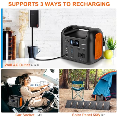 PGYOB Portable Power Station with 55W Solar Panel, 299Wh LiFePO4 Backup Battery 300W Pure Sine Wave AC (600W Peak) Car Outlets PD 60W QC3.0 Solar Generator Power Bank for Camping, Emergency, CPAP