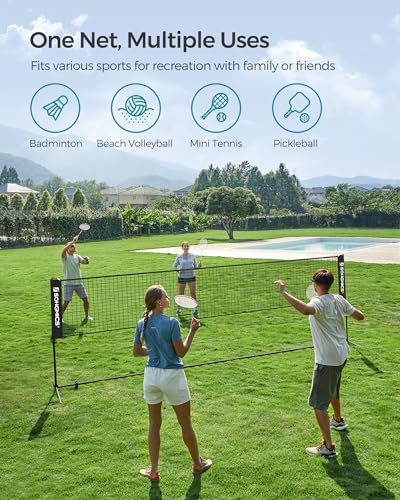 SONGMICS 16.5 ft Badminton Net, Height Adjustable Volleyball Net, Pickleball Net with Poles, Foldable Nylon Net for Tennis Indoor Outdoor Court, Black USYQ500HV1