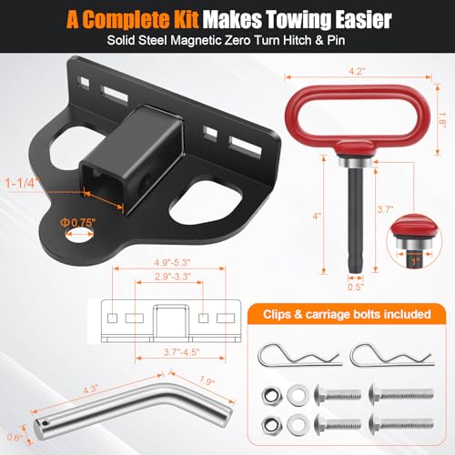 Zero Turn Lawn Mower Hitch with 1-1/4" Receiver, 6mm Thick Heavy Duty Bolt On Trailer Hitch Receivers with Chain Slot, 1/2 inch Magnetic Trailer Hitch Pin & 5/8" Hitch Pin & Clips