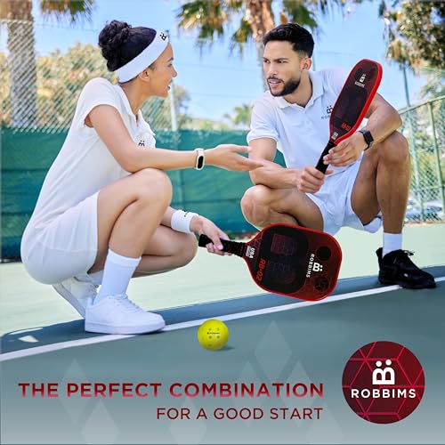 ROBBIMS Portable Pickleball Set with Net | 4 USAPA Approved Carbon Fiber Paddles, Duffle Bag, Regulation Size Pickleball Net System, Assembly Manual, 8 Outdoor Balls, Court Marker Kit and Carry Bag