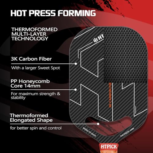 Pickleball Paddles, 3K Raw Carbon Fiber Pickleball Paddle with 14mm Thickness PP Honeycomb Core and Aero Throat, Designed for Unmatched Control and Added Power（Black）