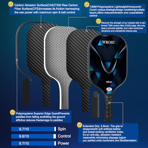 WROSU Pickleball Paddles Set of 4 Carbon Fiber | 2024 USAPA Approved Equipment W/Accessories | Core Carbon Fiber Pickleball Racquet | Have Traction and Stability | for Friends