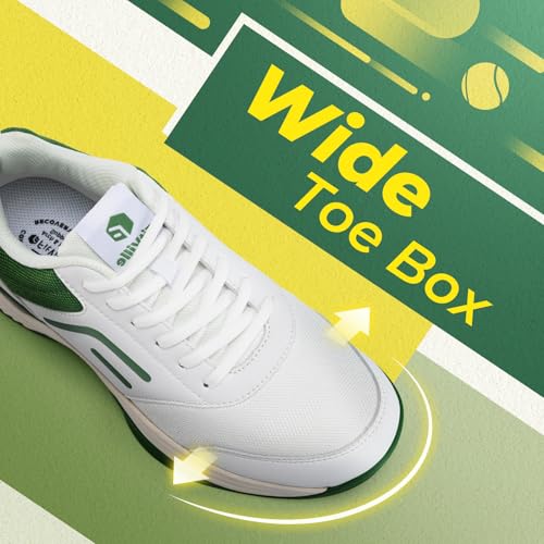 FitVille Wide Pickleball Shoes for Men, Wide Tennis Shoes for Men, Hard Court, Clay Court, Racquetball, Squash, Breathable, Comfortable, Lightweight, White Green, 9.5