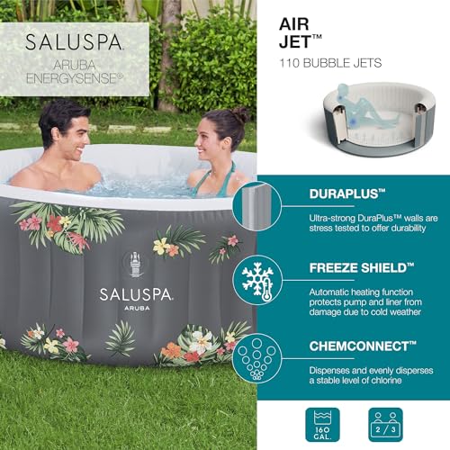Bestway SaluSpa Aruba AirJet Large Round 2 to 3 Person Inflatable Hot Tub Portable Outdoor Spa with 110 AirJets and EnergySense Cover, Grey