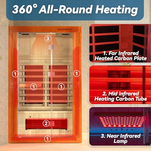 Woodbridge Infrared Home Sauna Room 2 Person Japanese Cedar Indoor Sauna with 7 Carbon Heaters, Red Light Therapy, Bluetooth Speaker, Intelligent Control Panel, Tempered Glass & Top Vent