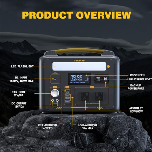 VTOMAN Jump 600X Portable Power Station 600W, 299Wh Solar Generator LiFePO4 Battery Power Station with Jump Start for Car, 1200W AC Outlet, PD 60W USB-C, 3x Regulated 12V/10A DC for Camping, RV Travel