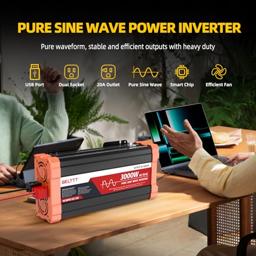 BELTTT 3000W Pure Sine Wave Inverter 12V DC to 120V AC for RV, Truck, Off-Grid, Home, Solar Car Power Inverter with Dual AC, 20A Socket, 5V 2.1A USB, Hardwire Port, Remote Controller 23Ft Cable