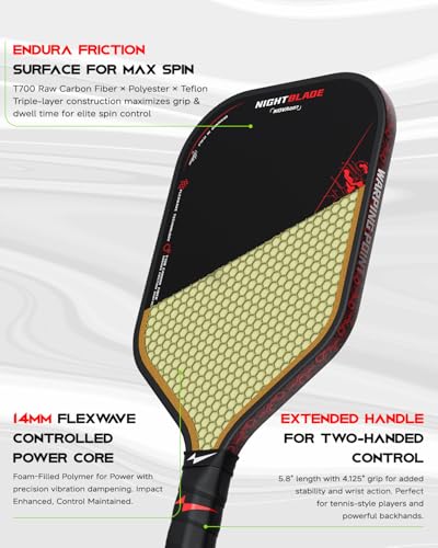 Nightblade Pickleball Paddle Trusted by Tina Pisnik, Foam Filled Polymer Honeycomb Core, UPA-A & USAPA Approved, Endura Friction Surface, Long Handle for Two Handed Backhand, Enhanced Impact Feel Spin