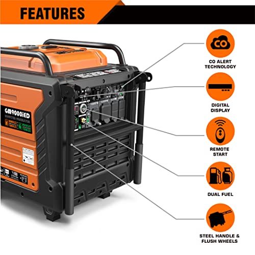 GENMAX Portable Generator, 9000W Super QuietDual Fuel Portable Engine with Parallel Capability, Remote/Electric Start, Ideal for Home backup power.EPA Compliant (GM9000iED)