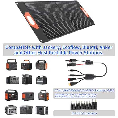 100W Portable Solar Panel for Power Station, Compatible with Jackery, Ecoflow, Bluetti, Anker and More Portable Power Stations, Weatherproof for Camping, RV, Emergency Power (100W)