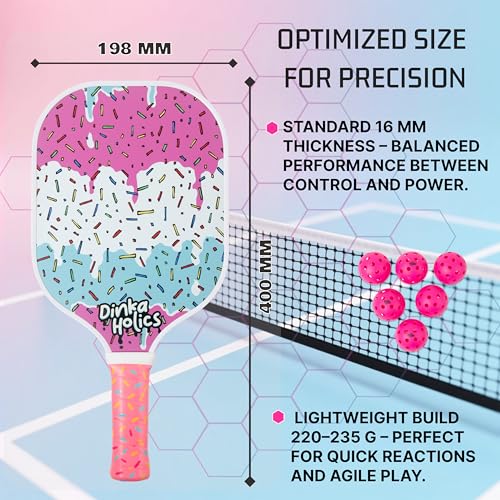 DINKA HOLICS Carbon Fiber Pickleball Paddle – 16mm PP Honeycomb Core, Lightweight 220–235g, Comfortable Grip, Durable Design for Control & Power (Ice Cream)