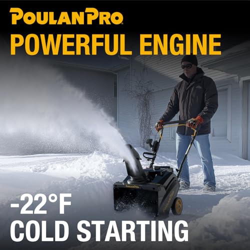 Poulan Pro Snow Blower Gas Powered, Single Stage 18 Inch Gas Snow Thrower with Electric Start, 190° Remote Chute Control, Steel-Reinforced Rubber Auger, Compact, Lightweight Design
