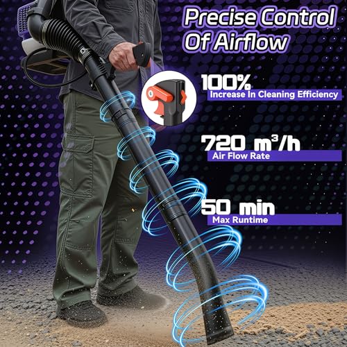 52CC Gas Backpack Leaf Blower, 720 CFM, 230 MPH 2-Stroke Blower with Adjustable Speed, Low Noise, and Ergonomic Design for Lawn, Yard, Garden & Commercial Use-Purple