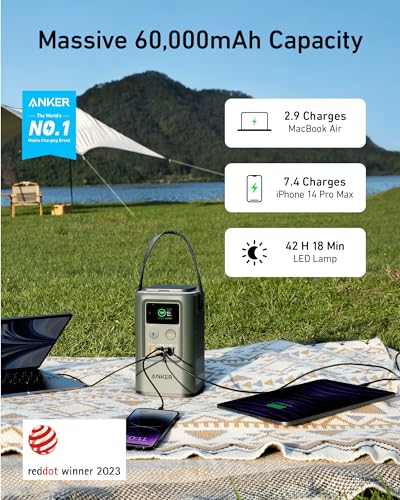 Anker Power Bank 25K 165W with Built-in USB-C and Retractable Cable Power Station 60,000mAh 87W with Smart Display, Lighting, SOS Mode, and Home Backup for Travel and Camping