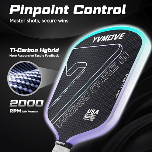 Pickleball Paddles for Advanced Players | Control & Power | Ti-Carbon Hybrid Face | V-Sonic III Kinetic Core 16MM | Large Sweet Spot | Mid-Weight | Extended Grip | USAPA (Purple)