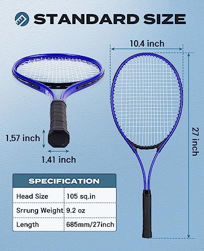 HIRALIY Blue Tennis Rackets Set of 2 for Teenagers & Beginners - 27 Inch Student Recreational Tennis Racquet - Durable Reinforced Practice Gear for High School & Backyard