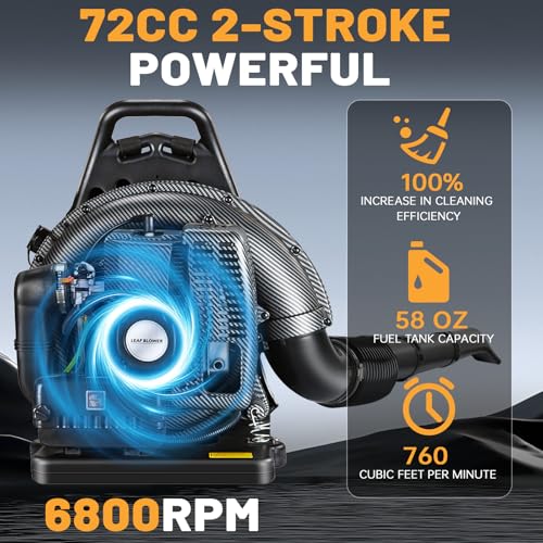 72CC Gas Backpack Leaf Blower - 2-Stroke Handheld-Class V Engine, 230 MPH 760 CFM, Adjustable Speed, Low Noise & Ergonomic Design, Cruise Control for Fast Yard Cleanup (Black)