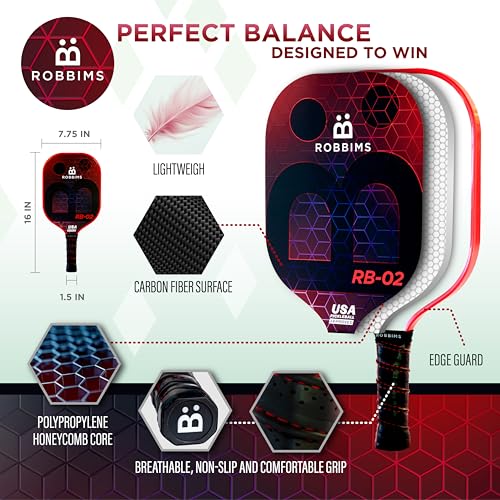 ROBBIMS Portable Pickleball Set with Net | 4 USAPA Approved Carbon Fiber Paddles, Duffle Bag, Regulation Size Pickleball Net System, Assembly Manual, 8 Outdoor Balls, Court Marker Kit and Carry Bag