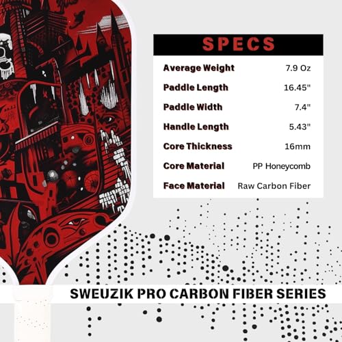 Raw Carbon Fiber Pickleball Paddles, Matte Surface Stylish Red Pickle Ball Paddle for Enhanced Spin & Control, 16mm PP Honeycomb Core Pickleball Racket, Pickleball Paddle Gifts for Beginner & Advanced