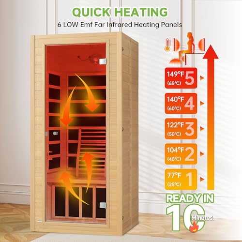 Real Relax Far Infrared Sauna for Home, 1 Person Indoor Home Sauna Low Emf, Canadian Hemlock Wooden Dry Saunas Room with Bluetooth Speakers, 9-Color Light Therapy, 1574w/110v for Personal Spa