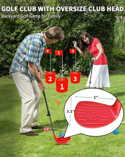 KOFULL Backyard Golf Clubs with Extendable Shaft 2 Packs– Backyard Outdoor Game Club with Oversize Head for Golf Game with Buckets – Length Adjustable 21"-36" for Family – Right-Handed Training, Red
