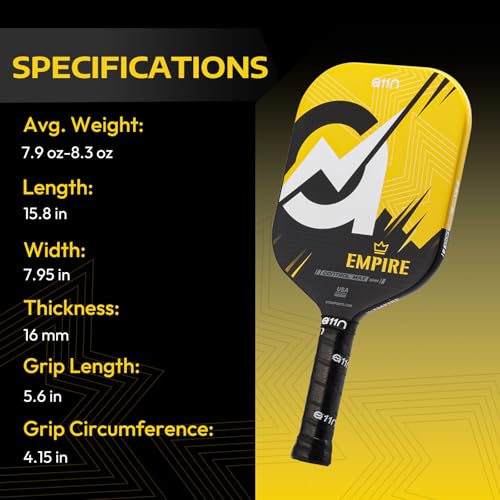 A11N Empire Edgeless Pickleball Paddle – Carbon Fiber Paddle with Longer Handle Design for Double-Handed Backhand & SuperGrit Surface Texture Technology, ControlMax - Wide Body Shape, Yellow