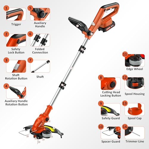 JAGROM Electric String Trimmer Cordless with 2x2.0Ah Battery, 20V Battery Powered 12-inch Lawn Mover & Edger Lawn Tool with Charger, Powered Grass Trimmer with 8pcs Spool Line for Yard, Garden, Orange