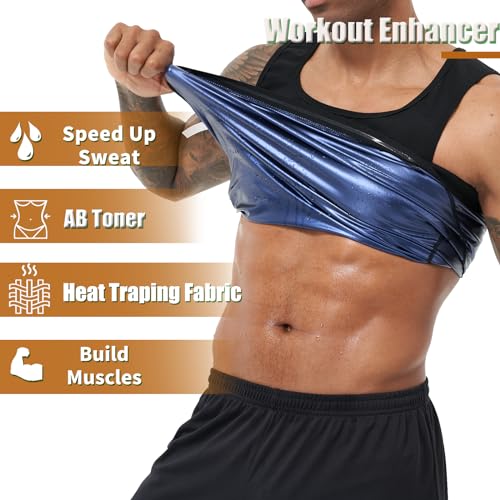 BODYSUNER Sauna Suit Sweat Vest Workout Tank Top for Men Compression Workout Weighted Vest Blue,L/XL