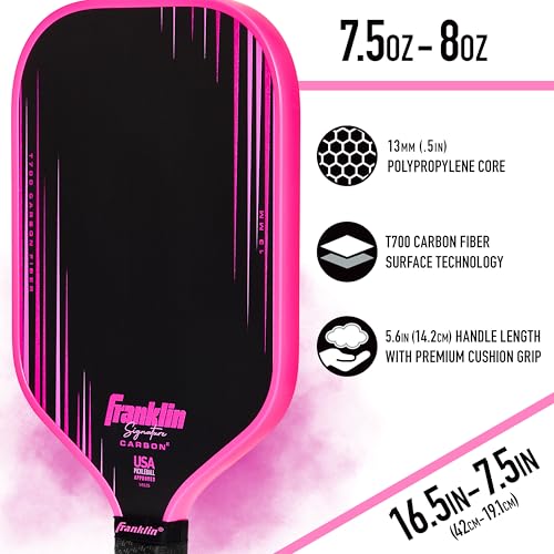 Franklin Sports Pro Pickleball Paddles - Signature Carbon Series -T700 Carbon Fiber Surface - USA Pickleball (USAPA) Tournament Approved - 13mm Polypropylene Core - Pink