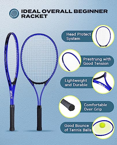 HIRALIY Blue Tennis Rackets Set of 2 for Teenagers & Beginners - 27 Inch Student Recreational Tennis Racquet - Durable Reinforced Practice Gear for High School & Backyard
