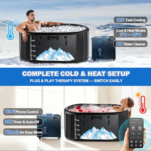 Cold Plunge Tub, 248 Gallon, 1 Horsepower, Heavy-Duty Ice Bath Tub for Athletes with Hot & Cold, Portable Inflatable Plunge Chiller with Water Treatment Kit, Immersion Therapy, WiFi (Black, 1 Set)