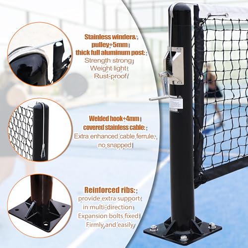 defulion-Premium Pickleball Net Posts, Heavy-Duty 4mm Aluminum Poles with Stainless Steel Internal Winder, Easy Permanent Flange Mount System,Regulation Net,Bring Arena to Your Backyard.