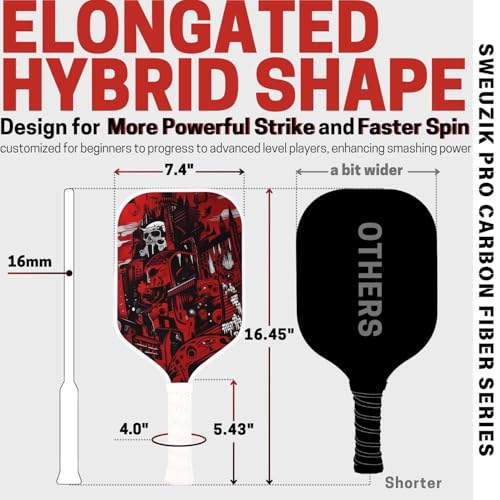 Raw Carbon Fiber Pickleball Paddles, Matte Surface Stylish Red Pickle Ball Paddle for Enhanced Spin & Control, 16mm PP Honeycomb Core Pickleball Racket, Pickleball Paddle Gifts for Beginner & Advanced