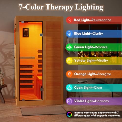 ROCSUMOO Infrared Sauna for 1 Person, Wooden Dry Sauna Room with backrest, 960W/120V Low EMF Indoor Saunas with Control Panel, 7-Color Therapy&Timer, Bluetooth Speakers for Home
