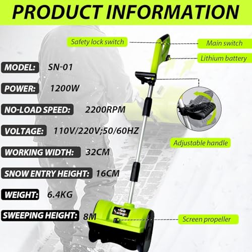 Brushless Cordless Snow Shovel, 13.5Inch Electric Snow Cleaning Robot with 4.0 Ah Battery and Charger, 25FT Throw Distance, Powerful Snow Blower for Pathways, Patios, Decks & Driveways (Green)