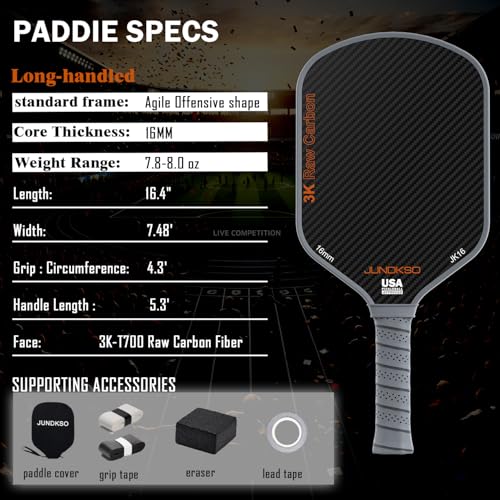 Professional Pickleball Paddles- T700 Carbon Fiber Pickle Racket- 3K Raw Carbon Frosted Surface for Enhanced Spin and Friction - USAPA Approved Offensive Long Paddle for Intermediate Advanced Players